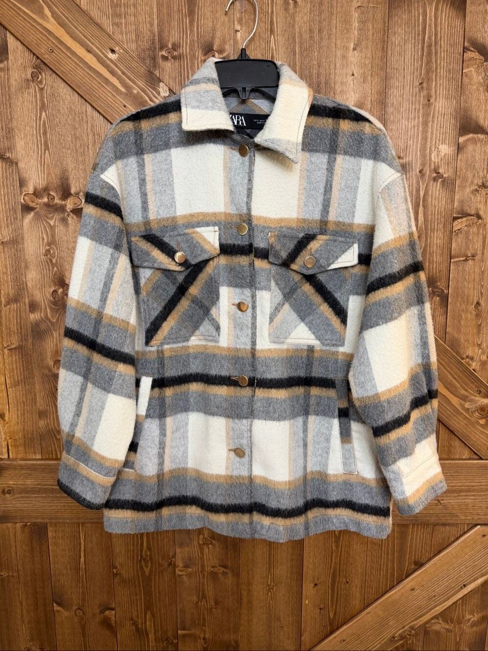 Zara Women’s Small Plaid Wool Blend Shacket Oversized Shirt Jacket Gray Tan (920